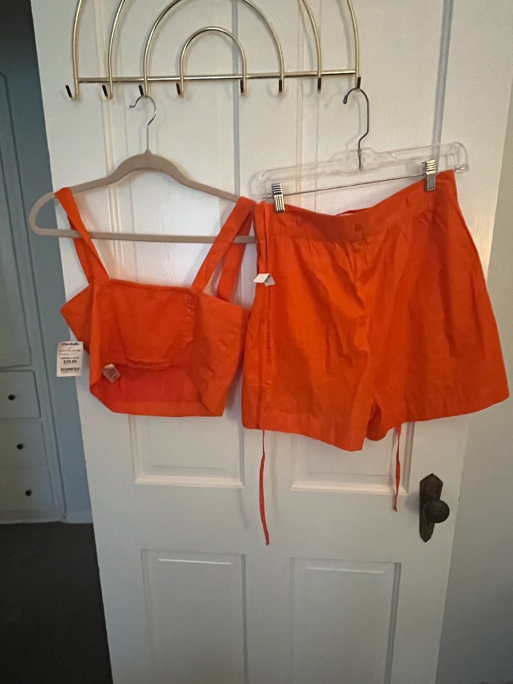 Orange Two-Piece Crop Top and Shorts Set with pockets
